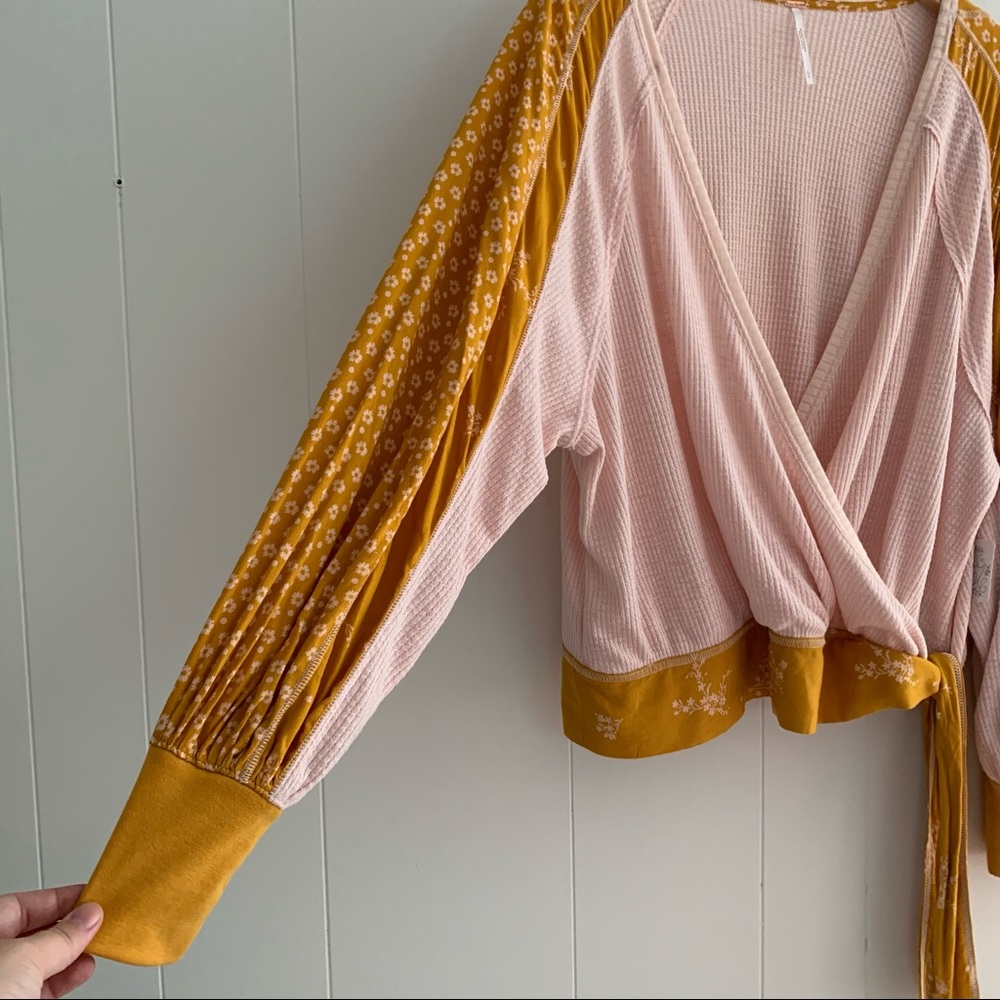 Free People Pink and Mustard Mixed-Media Wrap Blouse - Picture 6 of 10